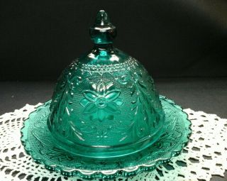 Covered Vintage Glass Butter Dish Green Pressed Glass 7.  5 " Wide X 6.  5 " High