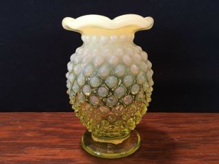 Vintage Fenton Vaseline Opalescent Hobnail Small Yellow White Vase 3 1/2 " Tall