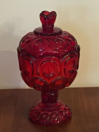 Vintage Red Amberina Glass Moon And Star Covered Candy Dish/compote By L E Smith