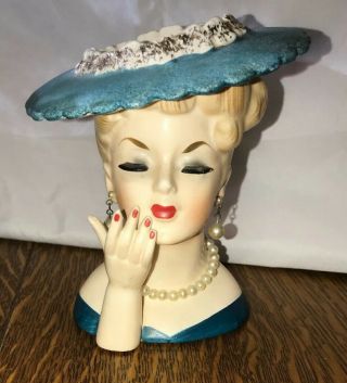 Vintage Napco Blond Lady Head Vase Pearls Turquoise Dress Hat Gold Trim 5.  5”