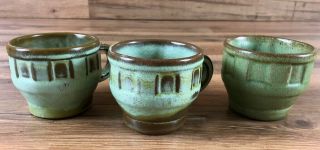 Vintage Frankoma Pottery 94c Wagon Wheel Coffee Mug Cup Set Of 3 Green