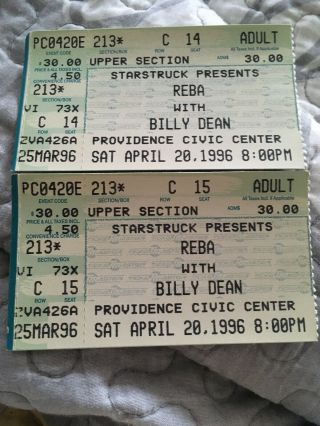 2 Reba Mcentire & Billy Dean 04/20/96 Providence,  Ri Civic Center Ticket Stubs