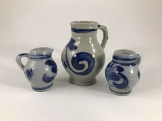 3 Mini Salt Glazed Stoneware Pitchers Cobalt Blue On Gray