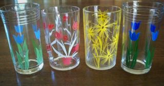 4 Vintage Retro Small Juice Glasses Blue Tulips Red Tulips Yellow Flowers 4 Oz