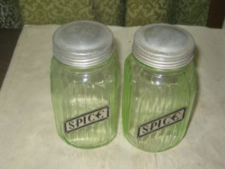945f - 1vintage Green Ribbed Depression Era Vaseline Glass Spice Jars