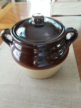 Vintage Stoneware Crock Bean Pot Beige And Brown Glaze 2 Handles Usa 7.  5 " W Lid