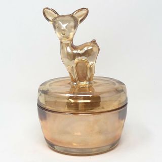 Vintage Jeanette Glass Marigold Carnival Glass Deer Vanity Powder Jar Dish