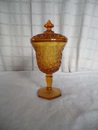 L E Smith Daisy & Buttons Amber Stemmed Compote W/lid 9 "