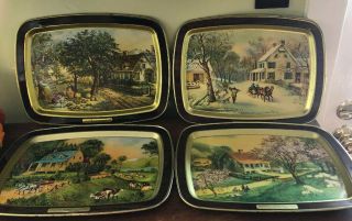 Vintage Mid Century Currier And Ives Tin Tv Snack Trays Set Of 4 Seasons