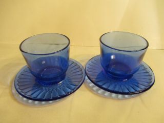 Vtg Set Of 2 Cobalt Blue Glass Custard/condiment Cups On Attached Saucer