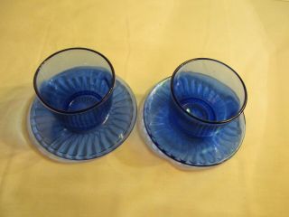 VTG SET OF 2 COBALT BLUE GLASS CUSTARD/CONDIMENT CUPS ON ATTACHED SAUCER 2