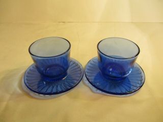 VTG SET OF 2 COBALT BLUE GLASS CUSTARD/CONDIMENT CUPS ON ATTACHED SAUCER 4