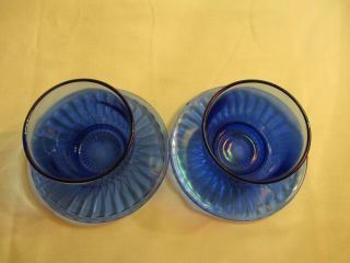 VTG SET OF 2 COBALT BLUE GLASS CUSTARD/CONDIMENT CUPS ON ATTACHED SAUCER 5