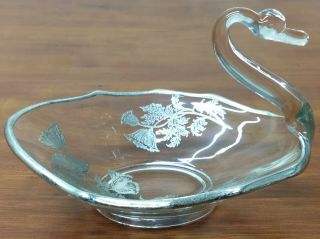 Viking Epic Silver Overlay Elegant Art Glass Crystal Neck Handled Dish Swan Bowl