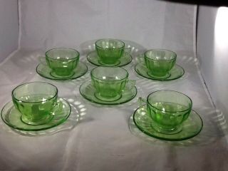Set Of 6 Vintage Federal Glass Co.  Green Depression Glass Cups And Saucers