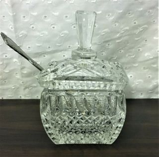 Vintage Crystal Cut Glass Sugar Bowl Candy Jelly Dish W/lid & Antique Spoon
