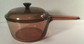 Vtg.  Vision Ware 1.  5 L Amber Sauce Pan With Lid Corning Pyrex