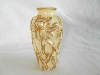 Old Phoenix Custard Art Glass Vase Flowers W/gold Highlights