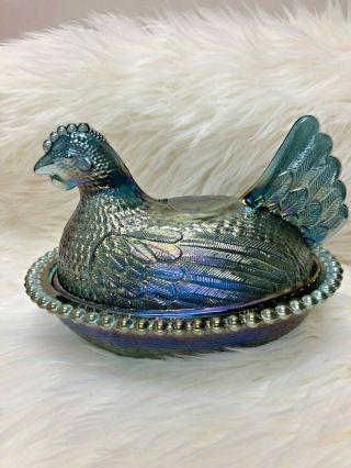 Vintage Indiana Glass Beaded Chicken Hen On Nest 7 " Blue Carnival