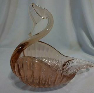 Vintage Hand Crafted Pink Art Glass Swan Candy Dish Trinket Bowl EUC 3