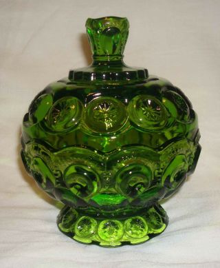 Vintage L.  E.  Smith Moon & Star Green Glass Footed Compote Bowl Candy Dish W/lid