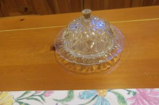 Vintage Round Diamond Cut Clear Glass Covered Butter Dish Just Lovely