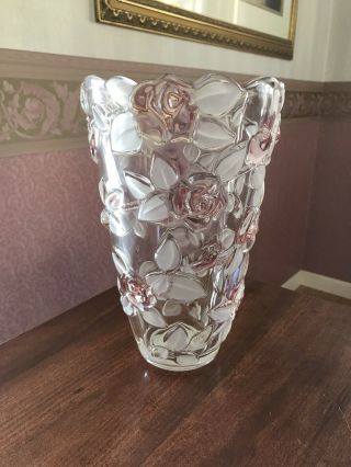 Mikasa Bella Rosa Vase Pink Crystal Frosted Glass Floral Roses 9.  5 " Germany