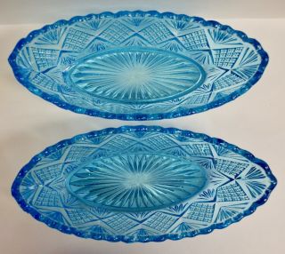 Antique Davidson Blue Pressed Glass Boat Dishes 3
