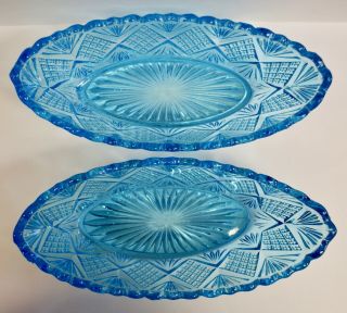 Antique Davidson Blue Pressed Glass Boat Dishes 4