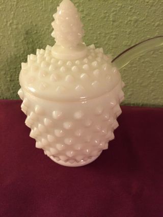 Vintage Fenton Hobnail Milk Glass Covered Jam/jelly Jar With Spoon
