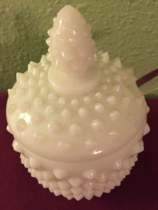 Vintage Fenton Hobnail Milk Glass Covered Jam/Jelly Jar with Spoon 2