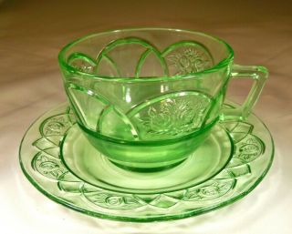 Federal Glass Co.  Rosemary Dutch Rose Green Coffee Or Tea Cup & Saucer Set