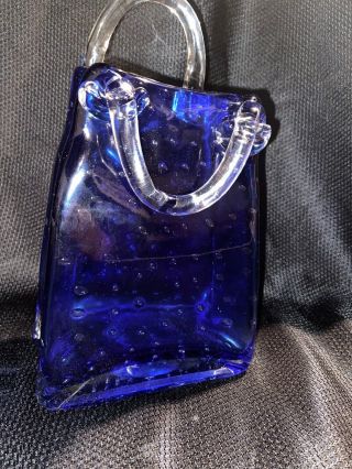Unique Foot Tall Murano Art Glass Purse Cobalt Blue With Controlled Bubbles