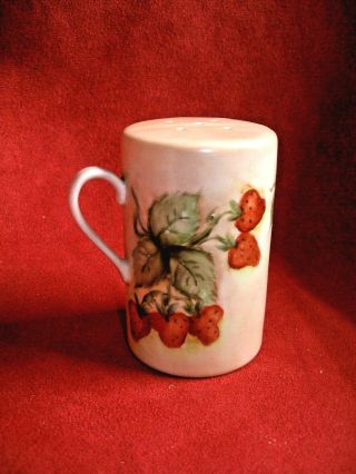 Vintage Hand Painted Strawberries Ceramic Sugar Shaker With Handle 3 3/4  High