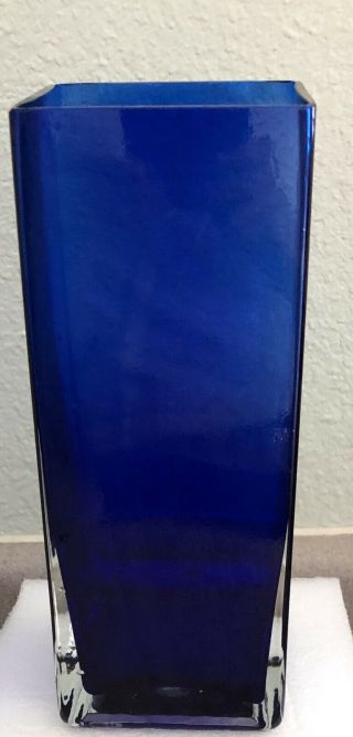 Cobalt Blue Glass Square Vase With Clear Bottom.