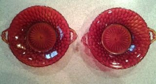 Vintage Indiana Glass Amberina Red Set Of 2 Handled Round Glass Dishes Honeycomb
