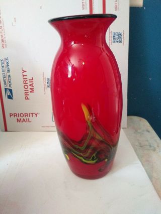 Vintage Murano Art - Deco Glass Vase Red Cased Black White Yellow Brown Abstract62