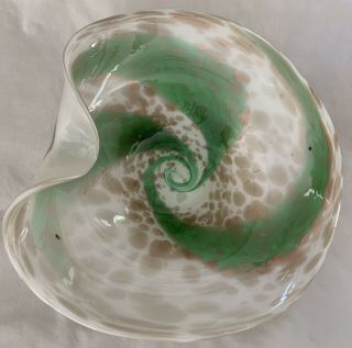 Murano Style Large Green And Clear Swirl Hand Blown Glass Bowl