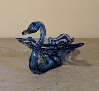 Vintage Murano Blue Hand Blown Glass Swan Candy Dish Bowl 12 "
