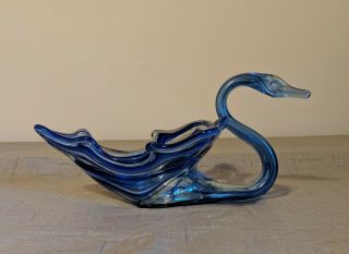 Vintage Murano Blue Hand Blown Glass Swan Candy Dish Bowl 12 