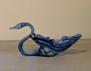 Vintage Murano Blue Hand Blown Glass Swan Candy Dish Bowl 12 