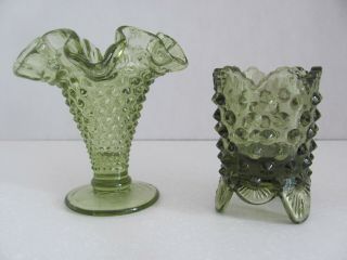 Fenton Hobnail Colonial Green Vase L.  G.  Wright Toothpick Holder Or Candle Holder