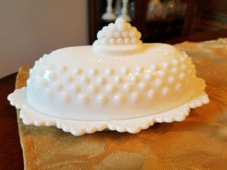 Vintage Fenton White Milk Glass Hobnail Oval Covered Butter Dish W/ Lid