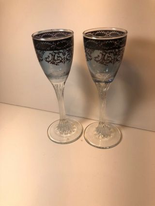 Antique Sterling Silver Overlay Blue Glass Clear Twisted Stem Cordial Goblets