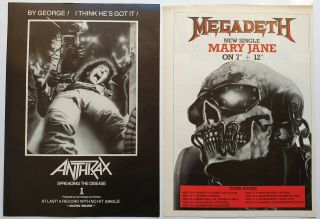 Megadeth Anthrax 2 X Vintage Adverts Heavy Metal Poster Cuttings Thrash
