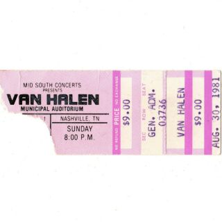 Van Halen Concert Ticket Stub Nashville Tn 8/30/81 Fair Warning Tour Rare
