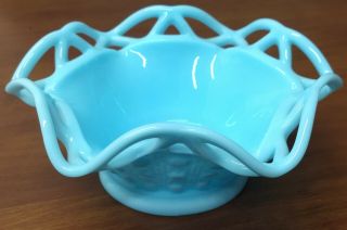 Imperial Open Lace Blue Milk Elegant Glass Cane Exterior Ruffled Edge 6 " Bowl