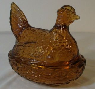 Vintage L E Smith Gold Amber Glass Hen on Nest w/Chicks Covered Candy Dish 2