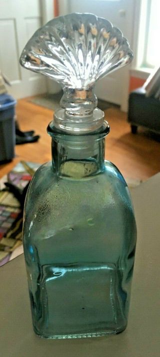 Vintage 7 " Blue Art Glass Bottle With Shell Stopper Nautical Maritime