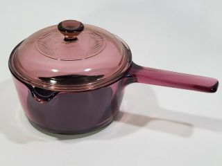 Vtg Corning Vision Cranberry 1 L Glass Sauce Pan With Lid Cookware